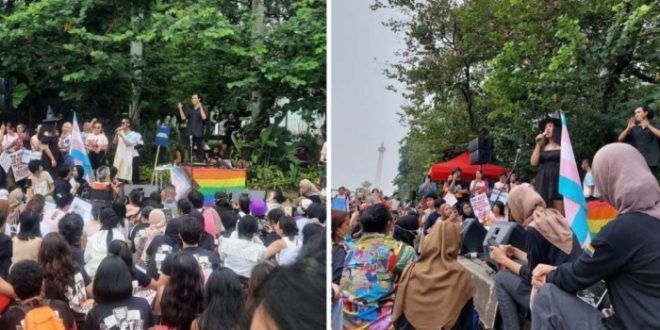Bendera LGBT berkibar di acara Womens March 2023